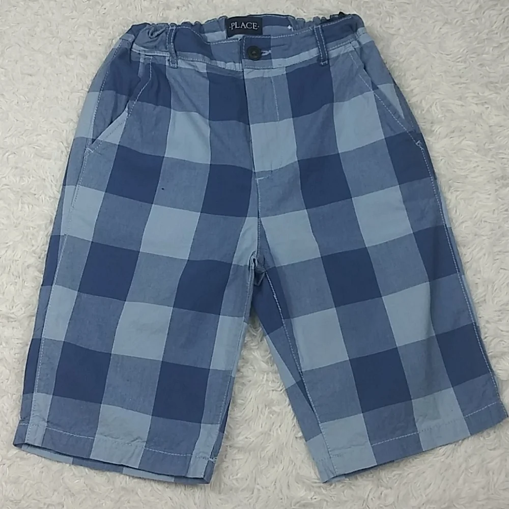 Children's Place Boy's Blue Checkered Adjustable Waist Zip Up Bermuda Shorts